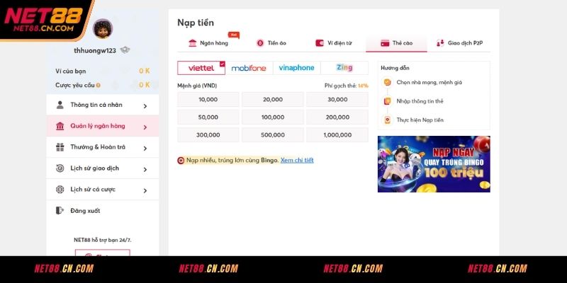 Hướng dẫn tân binh cách nạp tiền NET88 đơn giản